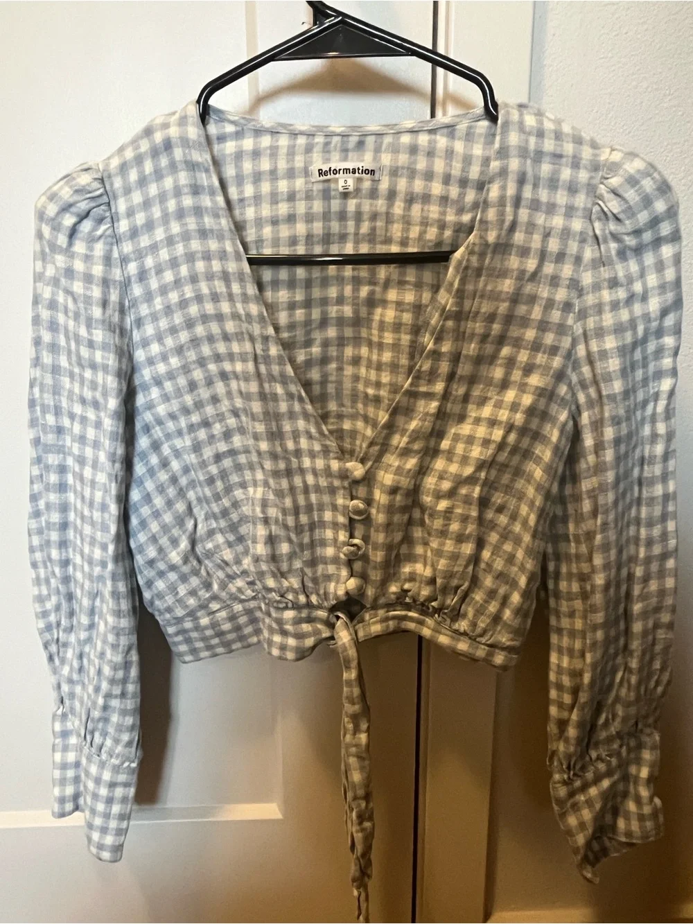 Reformation Light Blue Gingham Tie-Front V-Neck Blouse